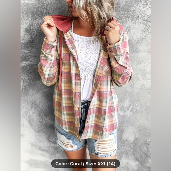 BRAND NEW Unstoppable Soul Plaid Print Hoodie, Long Sleeve coral, XXL - Picture 3 of 5